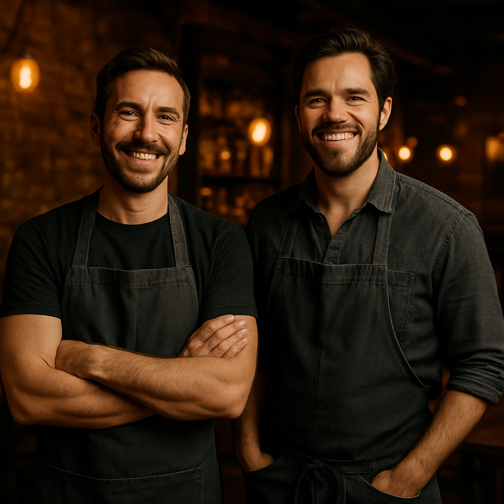 Founders Rick and John standing in their restaurant