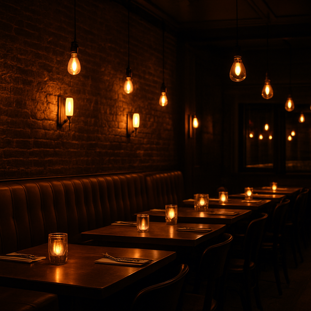 Warm interior dining room with exposed brick and Edison bulbs