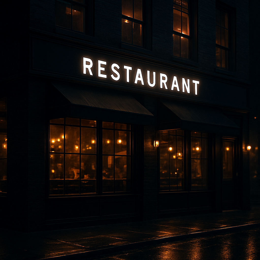 Rick And John's restaurant exterior glowing at night
